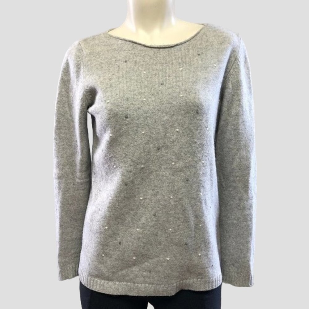 𝅺benedetta Grey Knit Sweater with Embroidered Dots Merino Wool/Cashmere Blend